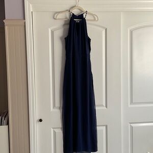 White House Black Market Navy Halter Maxi Jumpsuit with Embellished Straps